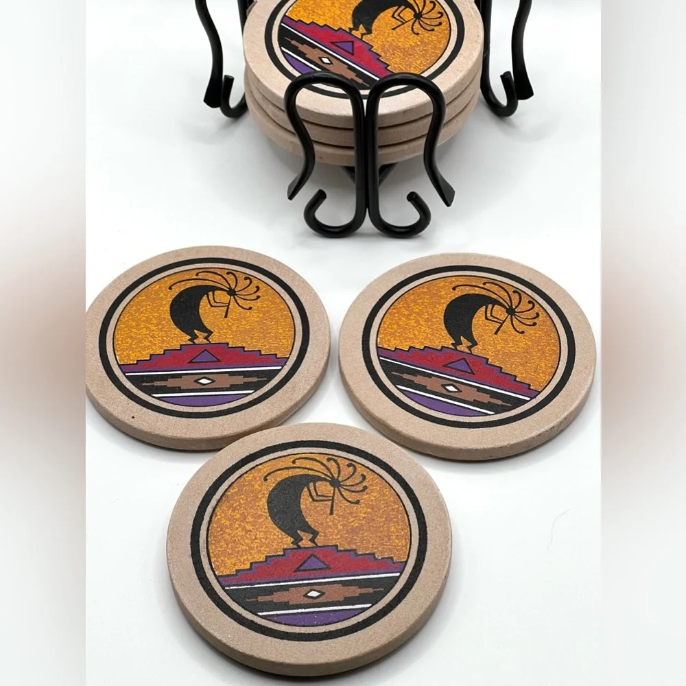 Set of 6 Coasters in Metal Holder Kokopelli Design 3.8 in